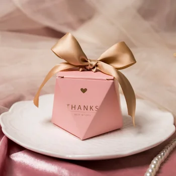 20szt Różowa wstążka opakowania Diamentowa kartonik ślubne cukierki karton czekolady opakowanie na prezent 6*8 cm