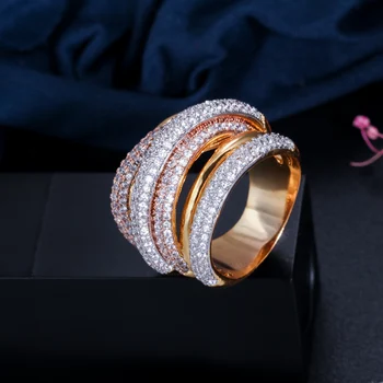 CWWZircons Luxury Designer 3 Tones Gold Geometry Cubic Zironium Big Wedding Engagement Bridal Finger Ring Jewelry Addiction R059