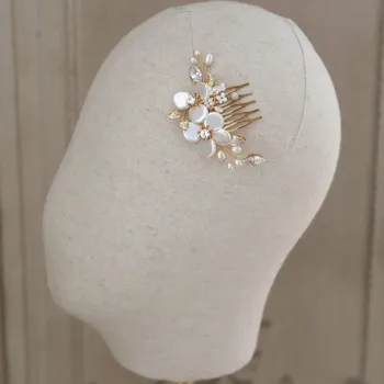 SLBRIDAL handmade kwiat Shell słodkowodne perły cyrkon ślub grzebień do włosów ślubne akcesoria do włosów druhny kobiety biżuteria