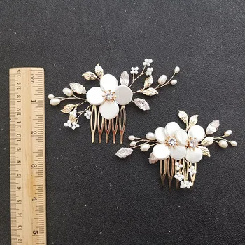 SLBRIDAL handmade kwiat Shell słodkowodne perły cyrkon ślub grzebień do włosów ślubne akcesoria do włosów druhny kobiety biżuteria