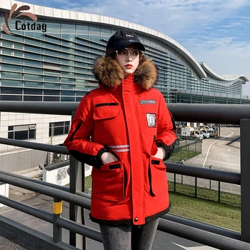 Cotday Grube Krótkie Futrzane Z Kapturem Czerwone Litery Epaulette Eleganckie Grube 2020 Moda Koreański Styl Kobiety Wiinter Ciepła Parku Płaszcz