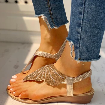 Damskie sandały letnie buty Damskie japonki damskie obuwie 2019 Sandalias Mujer cyrkonie złote płaskie sandały plus rozmiar 42