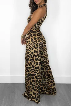 Leopard print kobiety Sexy nocne ubrania kombinezony 2021 Wiosna damska Wysoka Talia pas bez rękawów O-neck wysoki Split kombinezon