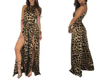 Leopard print kobiety Sexy nocne ubrania kombinezony 2021 Wiosna damska Wysoka Talia pas bez rękawów O-neck wysoki Split kombinezon