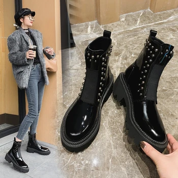 2020 jesień nowe czarne botki dla kobiet moda fajne nity okrągłe toe buty krótkie buty Damskie wodoodporna skóra rakiety śnieżne