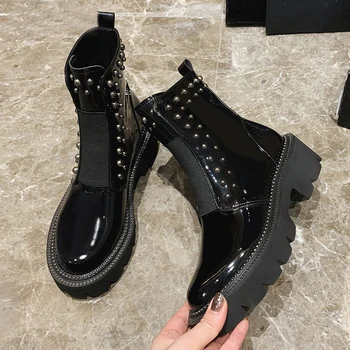 2020 jesień nowe czarne botki dla kobiet moda fajne nity okrągłe toe buty krótkie buty Damskie wodoodporna skóra rakiety śnieżne
