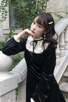 Wiktoriańska sztuka gotycka Lolita sukienka kwiat japońskiej koronki patchwork koronki-up stojak kołnierz aksamitna sukienka mini kobiety punk sukienki
