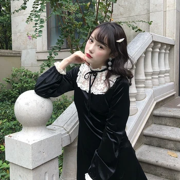 Wiktoriańska sztuka gotycka Lolita sukienka kwiat japońskiej koronki patchwork koronki-up stojak kołnierz aksamitna sukienka mini kobiety punk sukienki