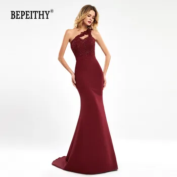 BEPEITHY Syrena Burgundia długie sukienki druhny 2020 Sexy One Shoulder Vestido De Fiesta De Noche suknia ślubna dla kobiet