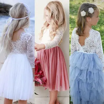 Pudcoco Toddler Kid Baby Girl Lace Flower Princess Dress Party Prom Official Bridesmaid Dresses Pageant Dresses Tulle Tutu Dress
