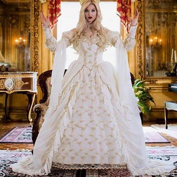 Retro średniowieczne gotyckie suknie ślubne z długim rękawem 2020 Złote koronki aplikacja sznurowanie gorsetu temu Wiktoriańska panna młoda suknia ślubna