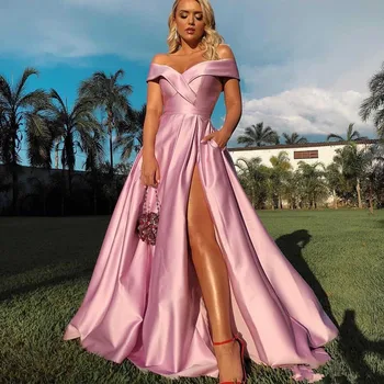 Różowe, satynowe długie sukienki na studniówkę 2020 z otwartymi ramionami V-neck z przodu Split z kieszeni długość podłogi sukienka plus size sznurowane