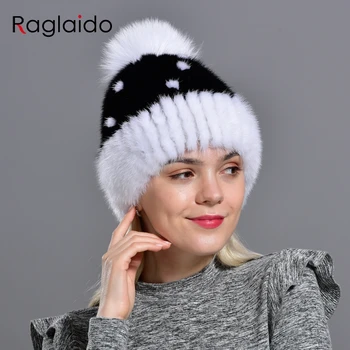 Futro czapka norka dzianiny zima kobiety dziewczyny naturalne futerko ciepłe czapki z lisa futro pompona nakrycie głowy stylowy modny damski Kawaii futro czapka
