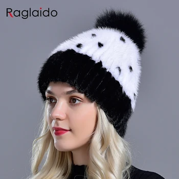 Futro czapka norka dzianiny zima kobiety dziewczyny naturalne futerko ciepłe czapki z lisa futro pompona nakrycie głowy stylowy modny damski Kawaii futro czapka