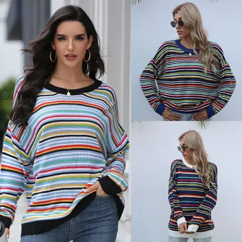 Kobiety W Paski Tęczy Szyć Sweter 2020 Z Długim Rękawem Z Dzianiny Codzienny Sweterek Luźny Sweter Jesień Zima Bluzki Bluzy Femme