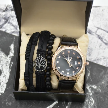 Modny Męski Zegarek Z Bransoletą Top Brand Business Skórzane Zegarek Kwarcowy Wodoodporne Świecące Wirstwatch Set Pudełko Na Prezent Dla Mężczyzn