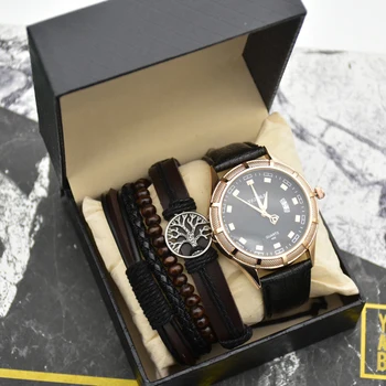Modny Męski Zegarek Z Bransoletą Top Brand Business Skórzane Zegarek Kwarcowy Wodoodporne Świecące Wirstwatch Set Pudełko Na Prezent Dla Mężczyzn