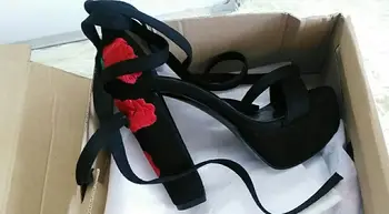 Sprzedaż Kwiatów Róży Haftowane Sandały Zasznurować Masywny Obcas Sandały Na Platformie Czarne, Zamszowe Buty Na Wysokim Obcasie Dla Kobiet