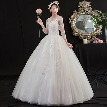 Nowa letnia lekka suknia ślubna 2020 Vestidos De Novia new white bride O neck dream princess simple Three Quarter Lace aplikacje