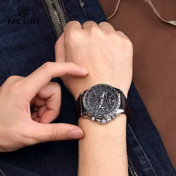 MEGIR Sportowe męskie zegarki top luksusowej marki zegarek kwarcowy męski zegarek moda casual czarny PU pasek zegarek męski duża tarcza Erkek Saati 1010
