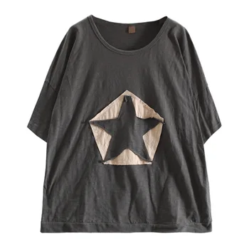 Damska Letnia Moda Marka Korea Stylu Pentagram Patchwork Z Długim Rękawem O-Neck T-Shirt Damska Casual Luźna, Bawełniana Koszulka T-Shirt