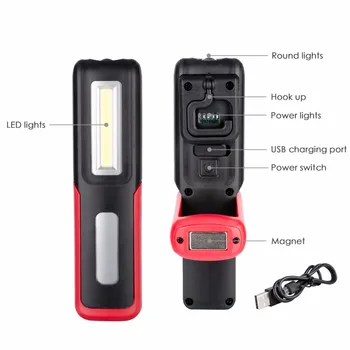 Wielofunkcyjny USB Akumulator latarka XPE+COB LED Magnet Flash Light Work Lamp Torch wbudowany akumulator z wyświetlaczem zasilania