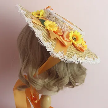 Tea party Księżniczka Lolita ręcznie słonecznik słomkowy kapelusz mała rzecz rocznika kobiece wspaniały łuk koronki plaża Cap płaski kapelusz nakrycia głowy