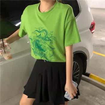 Retro Chiński Smok Druku Harajuku Styl Casual, Bawełna Zielony T-Shirt Meble Osobowość Letnie Nowe Produkty Koszula Z Długim Rękawem W