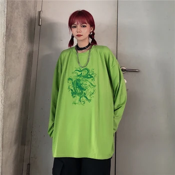 Retro Chiński Smok Druku Harajuku Styl Casual, Bawełna Zielony T-Shirt Meble Osobowość Letnie Nowe Produkty Koszula Z Długim Rękawem W