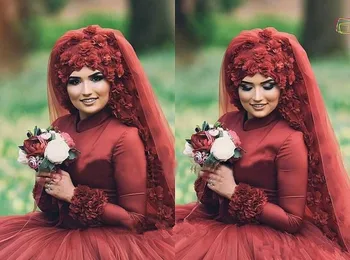 3D kwiat Burgundia muzułmańskie suknie ślubne 2020 arabski plus rozmiar Islamski hidżab suknia z długimi rękawami z tiulu kaftan Turcja Suite