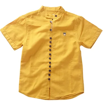 Bawełniana, lniana fajne podkładki bezpośrednio wbudowane w koszule dla chłopców-młodzieży lato dorywczo guziki, odzież dziecięca