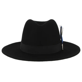 GEMVIE unisex wełniany filc фетровая kapelusz zorganizowany czarny pasek z piórem klasyczna гангстерская Panama Zimowa jazzowa czapka