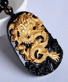 Darmowa wysyłka Hurtowa sprzedaż złoto naturalny czarny obsydian zewnętrzny Smok szczęśliwy amulet naszyjnik dla kobiet męskie wisiorki biżuteria