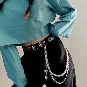 Punk Moda Kobiety Mężczyźni Spodnie Pas Biodrowy Łańcuch Hip-Hop Motyl Wisiorek Perłowa Łańcuch Dżinsy Student Spodnie Unisex Biżuteria Prezent