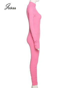 Joskaa Workout Dresy Kobiety 2020 Prążkowane Z Długim Rękawem Stałe Golfem Złożone Bodycon Sportowy Kombinezon Elastyczne Fitness Stroje