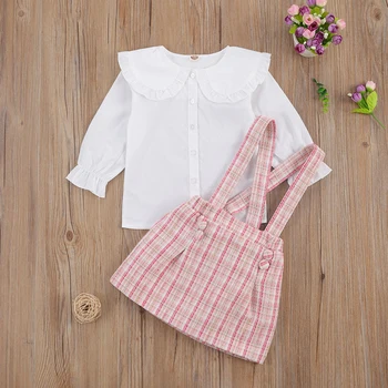 Lioraitiin 2-7Years Toddler Baby Girl 2Pcs Fashion Clothing Set Long Sleeve Solid Top Belt koszula w kratę jesienna odzież