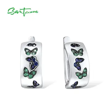 SANTUZZA srebrne kolczyki dla kobiet 925 srebro próby stworzony Niebieski szafir zielony spinel elegancki motyl partii wykwintne biżuteria