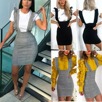 2019 Kobiet Ladies Check Dog Tooth Frill Ruffle Pinafore Bodycon Party Mini Skirt Top