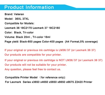 Weteran 36XL 37XL wkład do Lexmark 36 37 XL wkład atramentowy LM36 LM37 do Lexmark 3650 x4650 x5650 x6650 x6675 drukarka Z2420