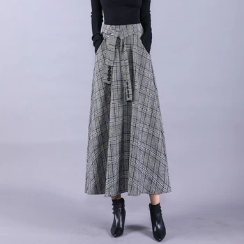 Eleganckie Jesienno-Zimowe, Damskie Wełniane Spódnice W Kratę Średnie Spódnice 2020 Codziennych Temat Kobiet Biurowe Spódnica Elastyczna Talia S41
