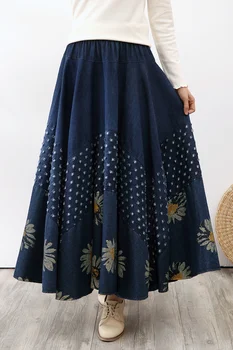 TIYIHAILEY Print Long Maxi A-line Skirt Women Elastic Waist Autumn Winter Denim Jeans Vintage Big Hem Skirt Thick