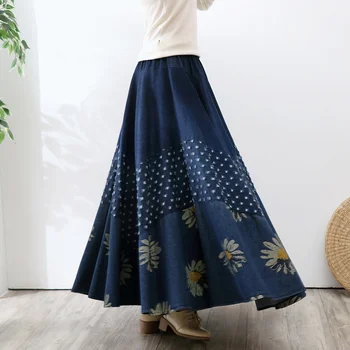 TIYIHAILEY Print Long Maxi A-line Skirt Women Elastic Waist Autumn Winter Denim Jeans Vintage Big Hem Skirt Thick