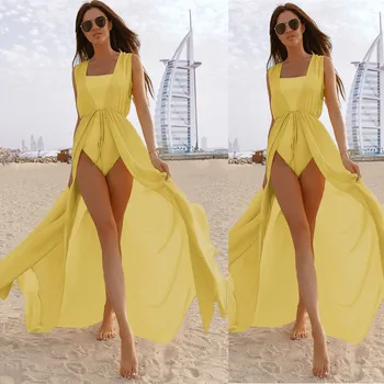 Długa Strój Plażowy Kobiety Maxi Sukienkę Jednolity Żółty Stroje Kąpielowe Damskie Sweter Bikini Strój Kąpielowy Swimdress Szyfonu Zatuszować Plus Size