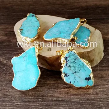 WT-P514 raw blue howllite stone with gold trim, fashion gold color randomly stone pendant over 40mm