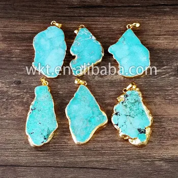 WT-P514 raw blue howllite stone with gold trim, fashion gold color randomly stone pendant over 40mm