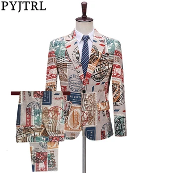 PYJTRL Men Vintage Two-piece Set Suits Love New Paper Stamp Print Night Club Singers Prom Party smoking najnowsze modele płaszcz spodnie