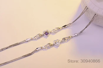 925 srebro podwójne Skrzydła Anioła serce Uroku bransoletki dla kobiet Biały/Fioletowy Kryształ biżuteria Pulseira Feminina