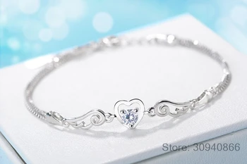 925 srebro podwójne Skrzydła Anioła serce Uroku bransoletki dla kobiet Biały/Fioletowy Kryształ biżuteria Pulseira Feminina