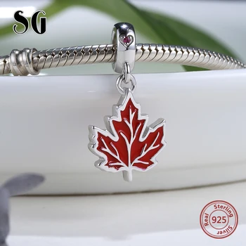 SG srebra próby 925 liść klonu zawieszenia z czerwoną emalią flaga Kanady Urok koraliki Diy fit oryginalna bransoletka dla kobiet prezenty