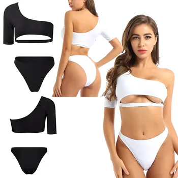 MSemis Wysoka Talia stroje kąpielowe dla kobiet strój kąpielowy 2020 zestaw bikini miękki strój kąpielowy jedno ramię skrócony top z Dolnym bielizną
